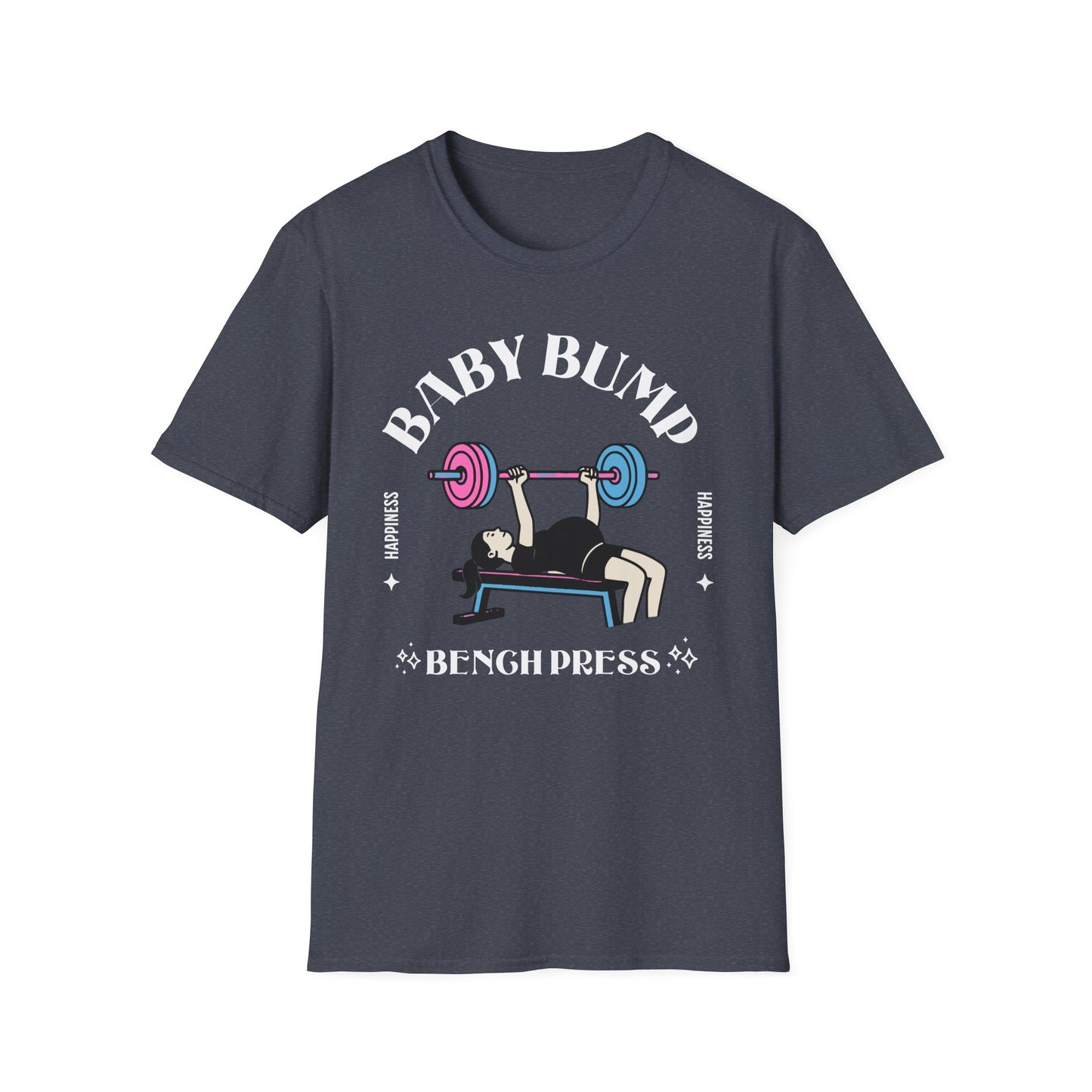 Fitness Gender Reveal Baby Bump Bench Unisex Softstyle T-Shirt