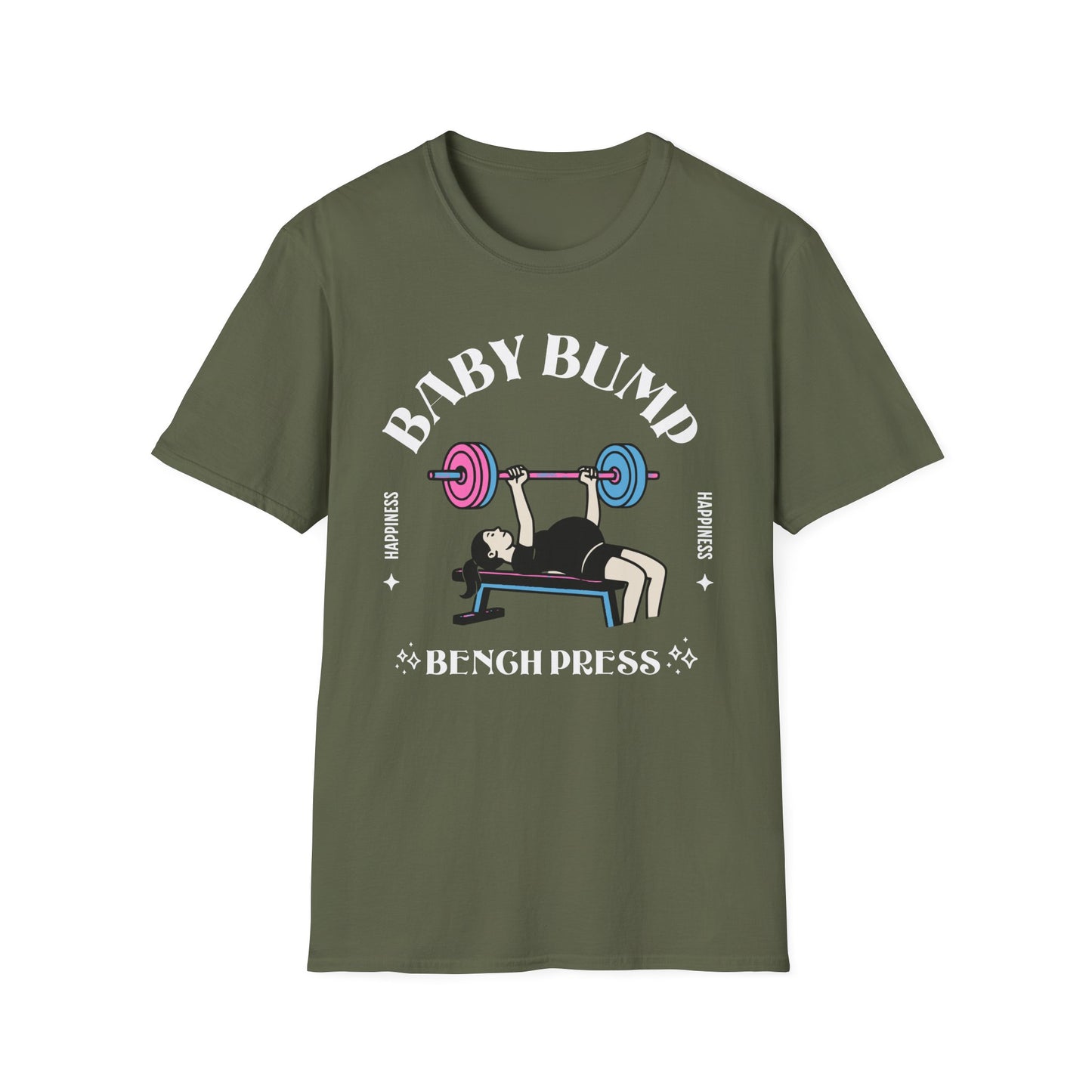 Fitness Gender Reveal Baby Bump Bench Unisex Softstyle T-Shirt