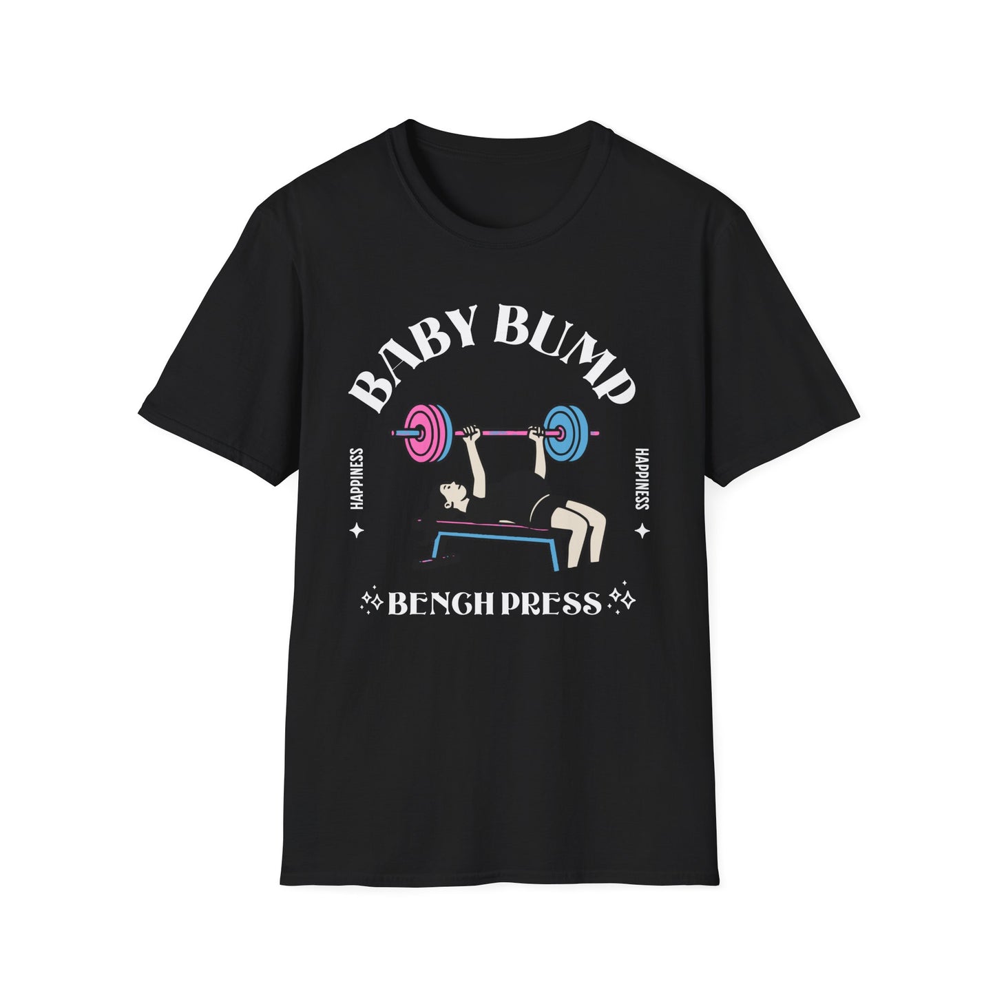 Fitness Gender Reveal Baby Bump Bench Unisex Softstyle T-Shirt