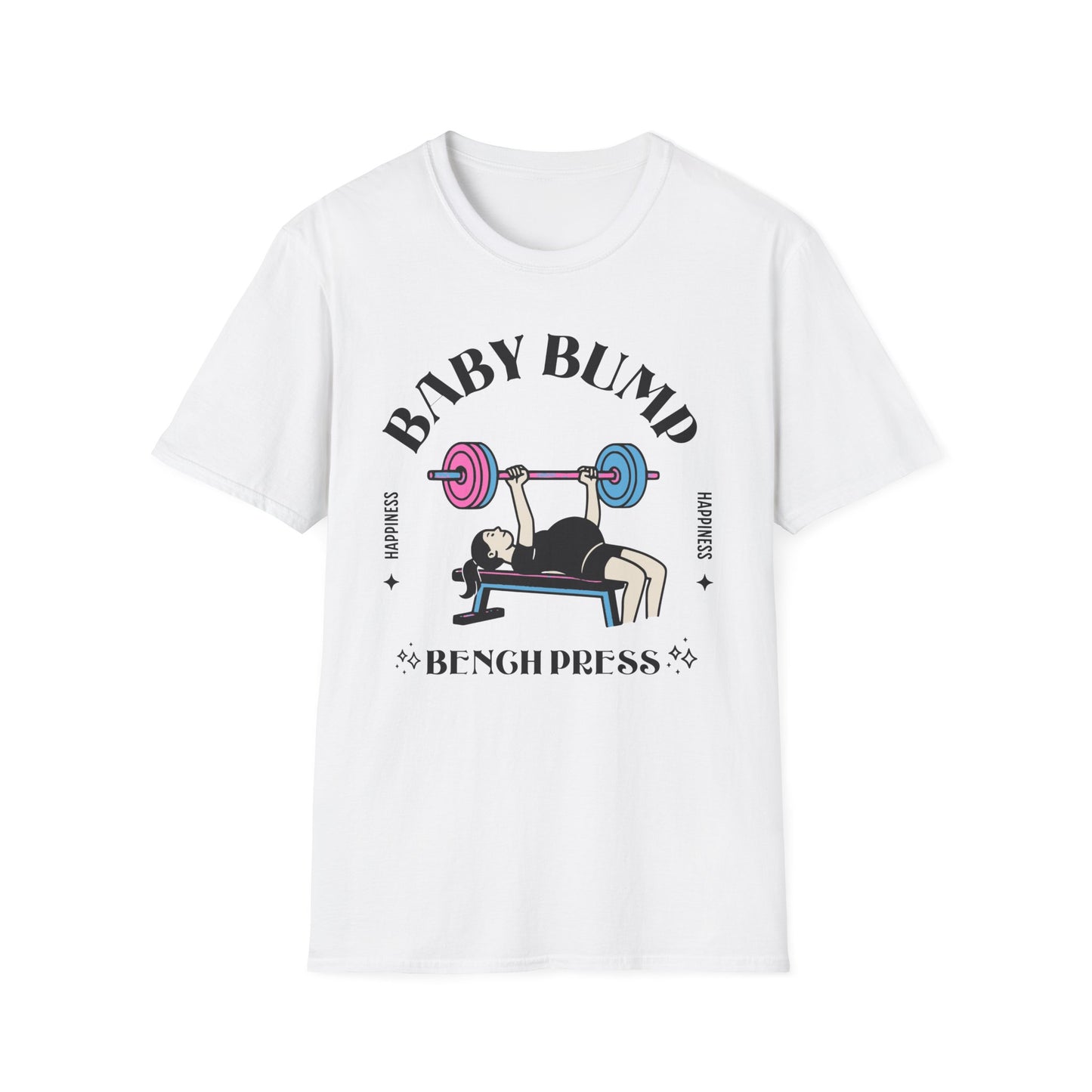 Fitness Gender Reveal Baby Bump Bench Unisex Softstyle T-Shirt