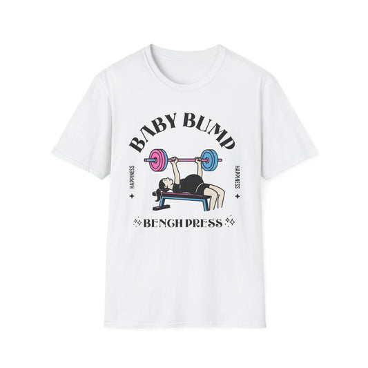 Fitness Gender Reveal Baby Bump Bench Unisex Softstyle T-Shirt